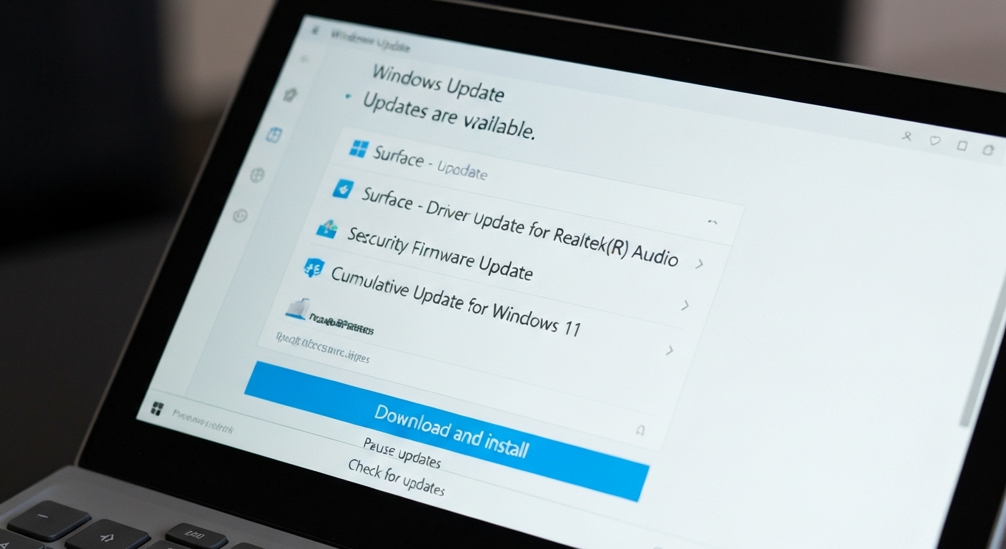 Giao diện Windows Update hiển thị các bản cập nhật đang chờ xử lý cho Surface