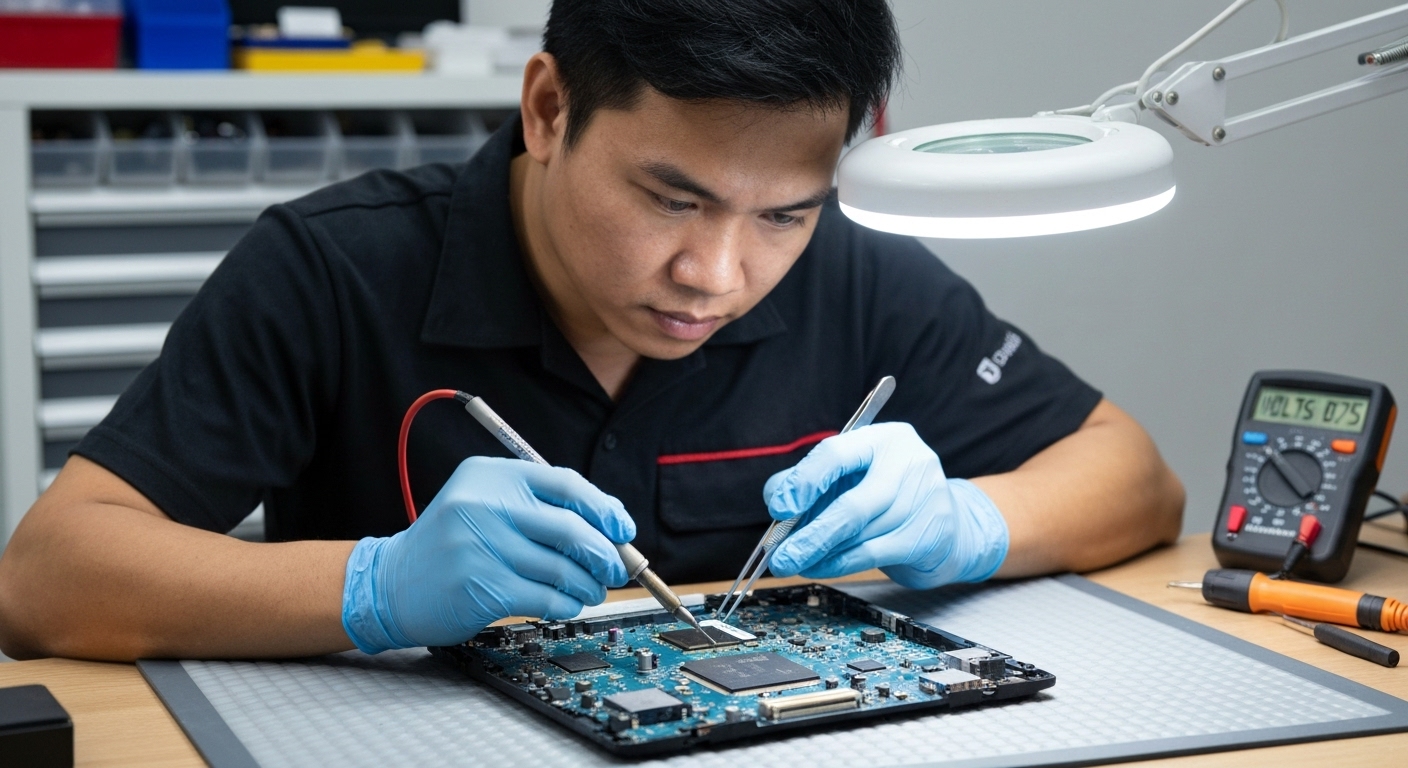 Kỹ thuật viên đang tỉ mỉ sửa chữa bo mạch chủ của máy tính Surface