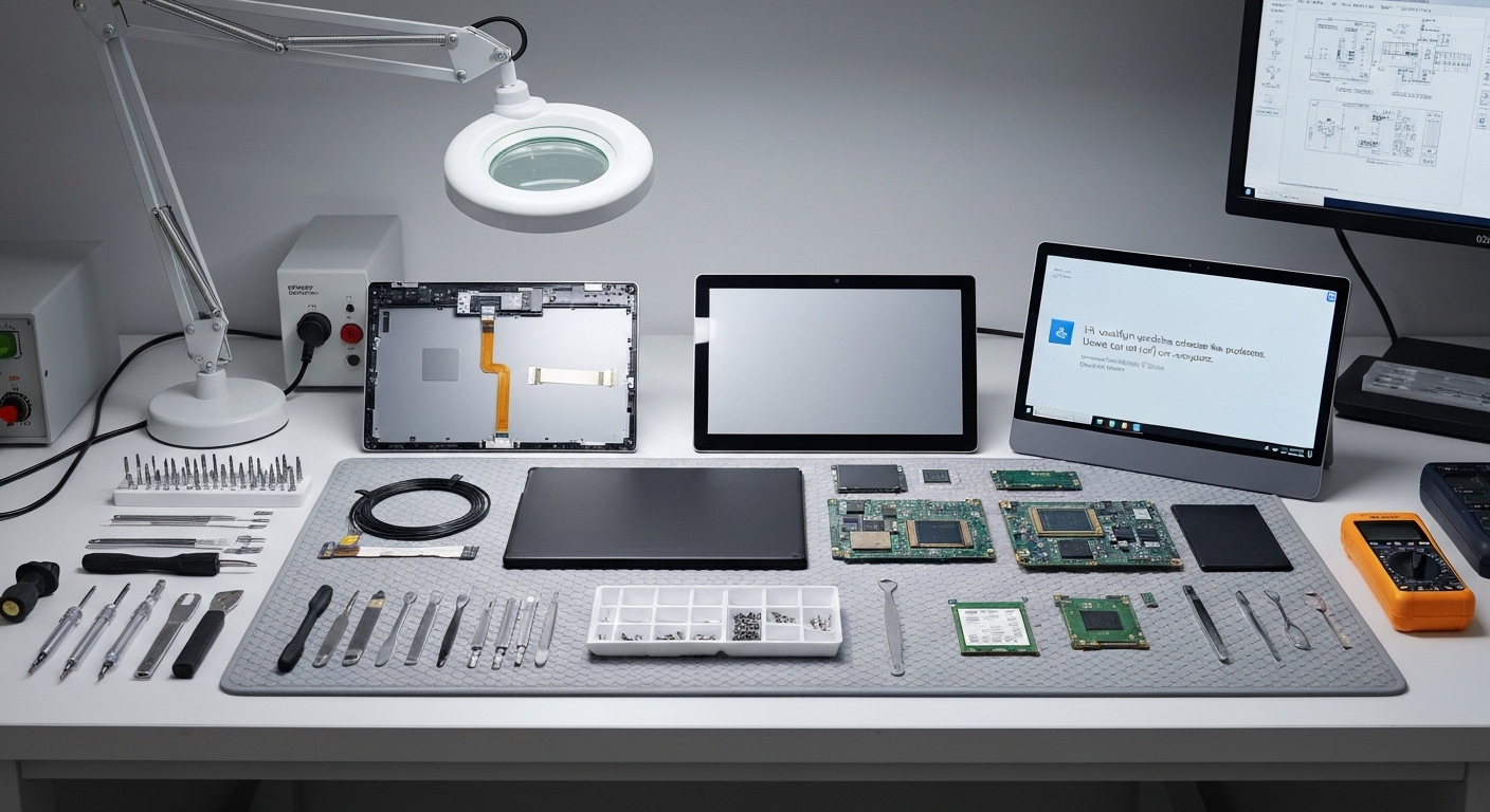 Bàn làm việc của Surface Plus với các linh kiện Surface và công cụ sửa chữa