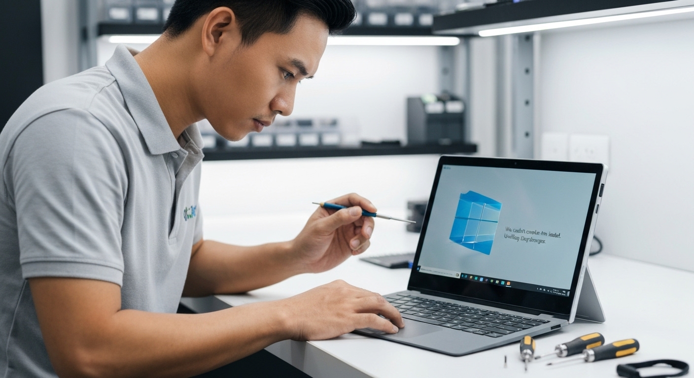 Kỹ thuật viên đang kiểm tra và sửa chữa máy tính Surface