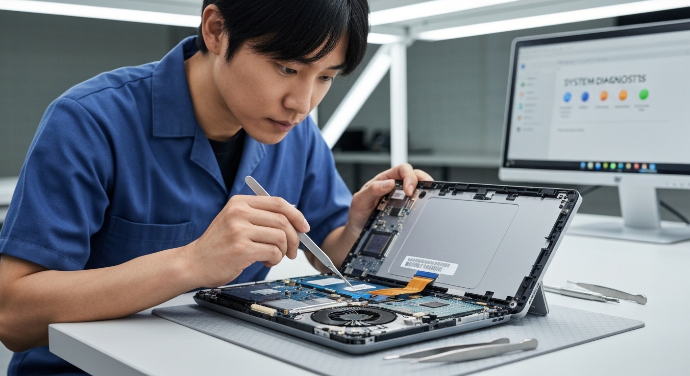 Một kỹ thuật viên đang kiểm tra bên trong một thiết bị Surface trên bàn làm việc.