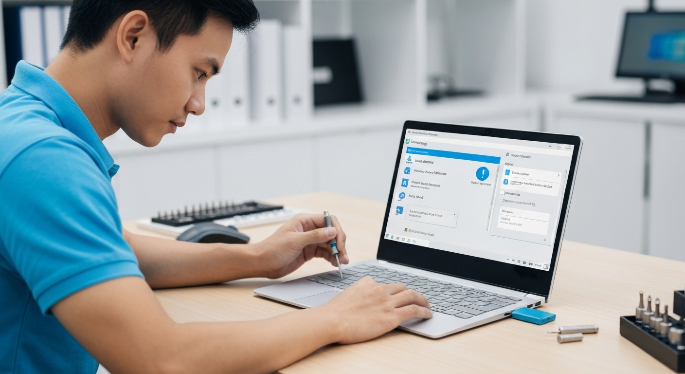 Kỹ thuật viên đang sửa chữa một chiếc laptop Surface