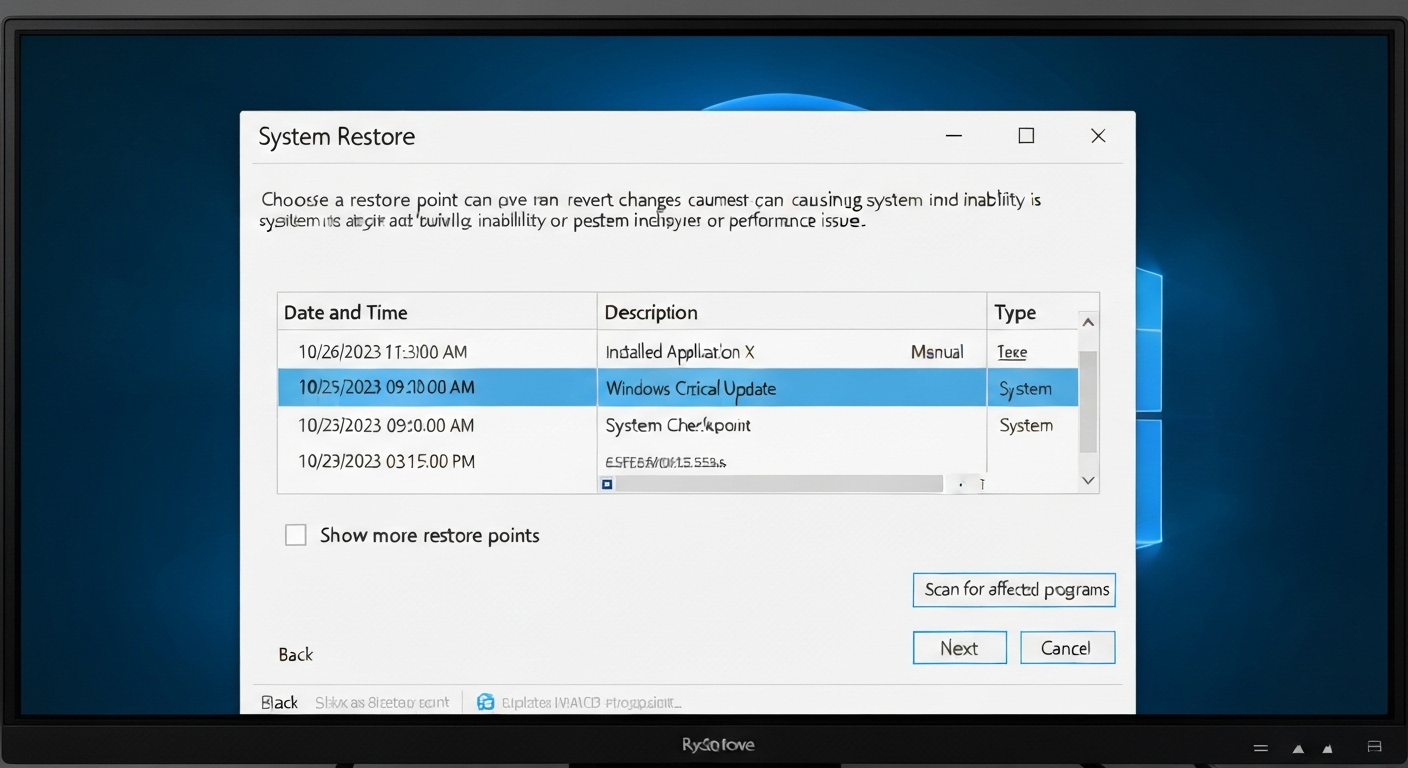 Hình ảnh giao diện System Restore (Phục hồi Hệ thống) trên Windows, cho phép chọn điểm khôi phục