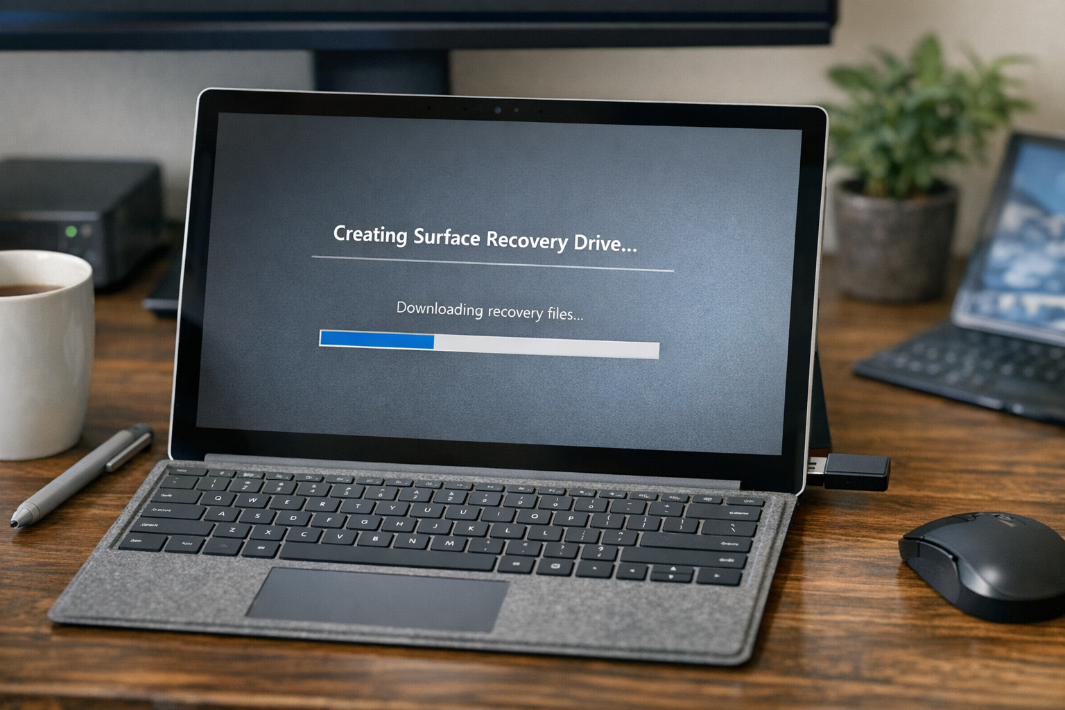 Màn hình máy tính đang trong quá trình tải và tạo bộ cài recovery cho thiết bị Surface