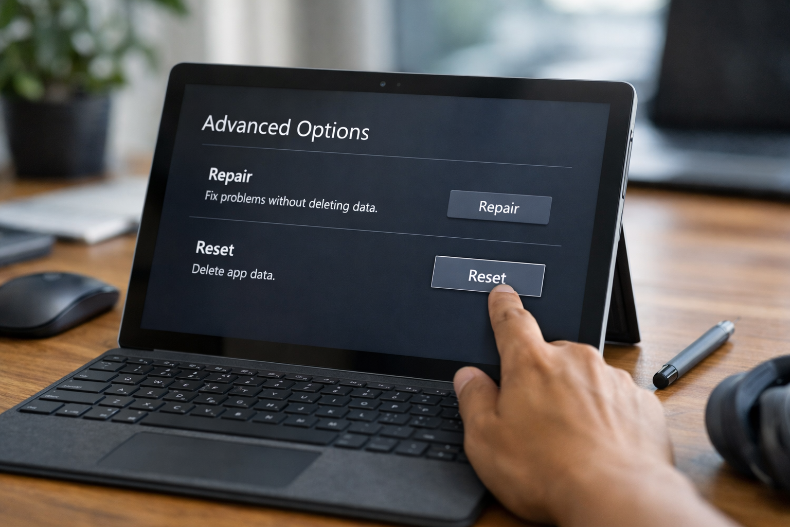 Giao diện tùy chọn Advanced Options để Repair hoặc Reset ứng dụng trên hệ điều hành Windows của Surface