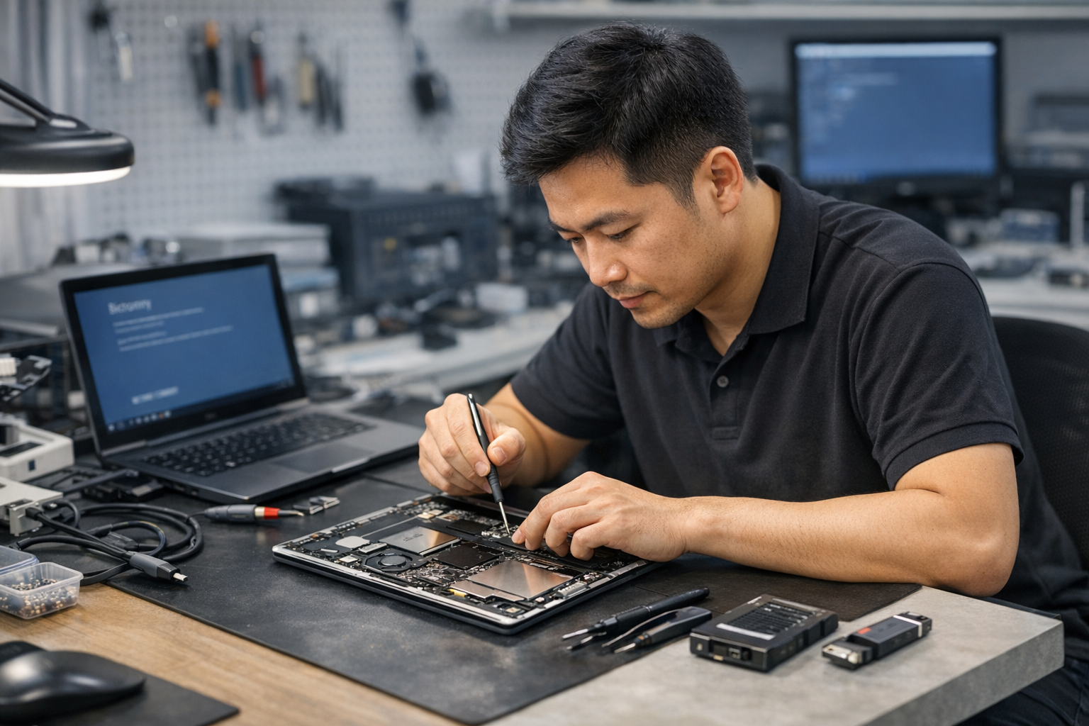 Kỹ thuật viên tại trung tâm bảo hành đang tiến hành kiểm tra và sửa lỗi phần cứng cho máy Surface