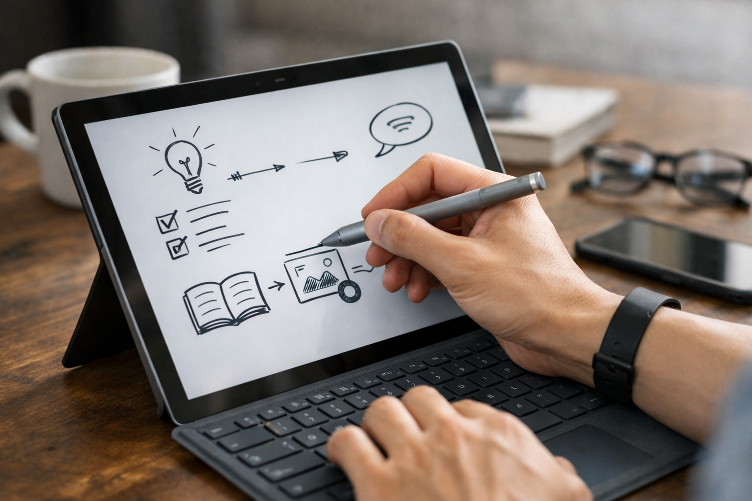 Tay người dùng đang sử dụng Surface Pen để ghi chú trên màn hình cảm ứng Surface