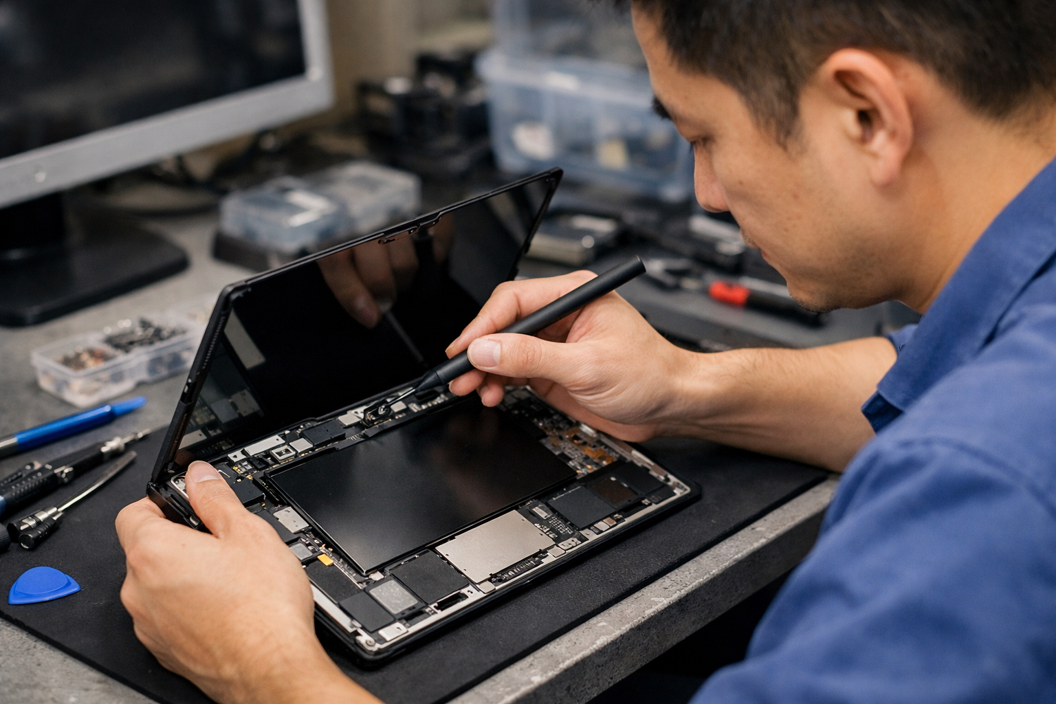 Hướng dẫn sửa Surface Pro 5 lỗi camera nhanh và triệt để 8 Kỹ thuật viên đang tháo màn hình Surface Pro 5 để thay thế cụm camera chính hãng