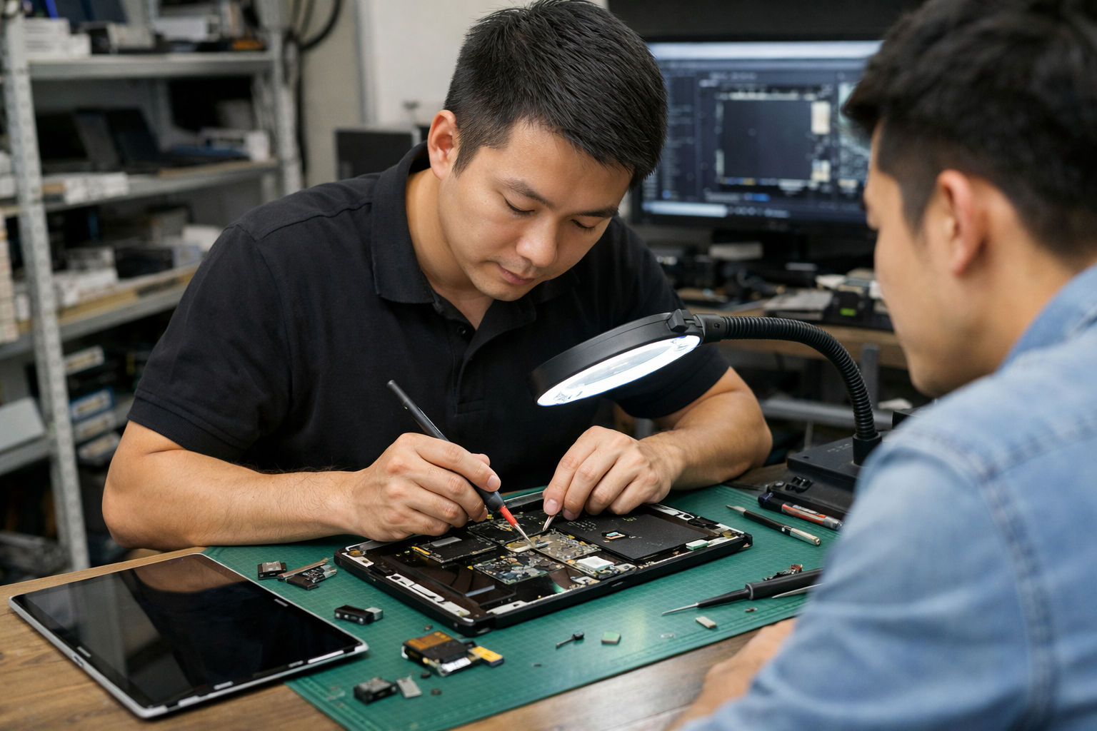 Kỹ thuật viên tại Surface Plus đang kiểm tra và sửa chữa máy tính Surface cho khách hàng