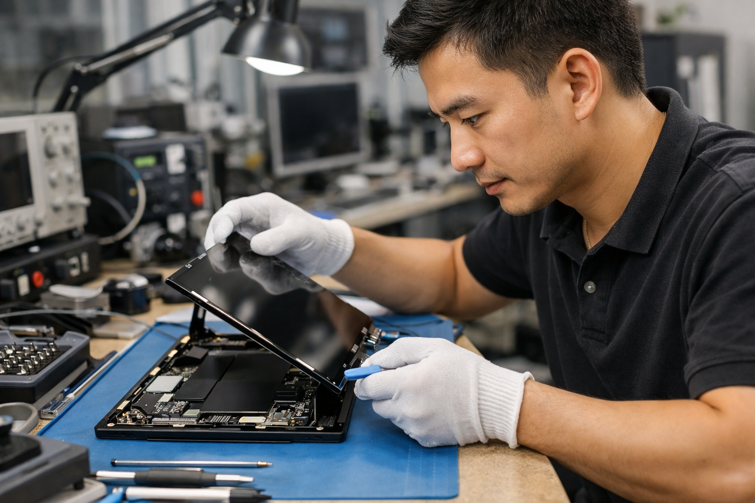 Kỹ thuật viên đang thực hiện thay màn hình Surface Pro 5 chuyên nghiệp