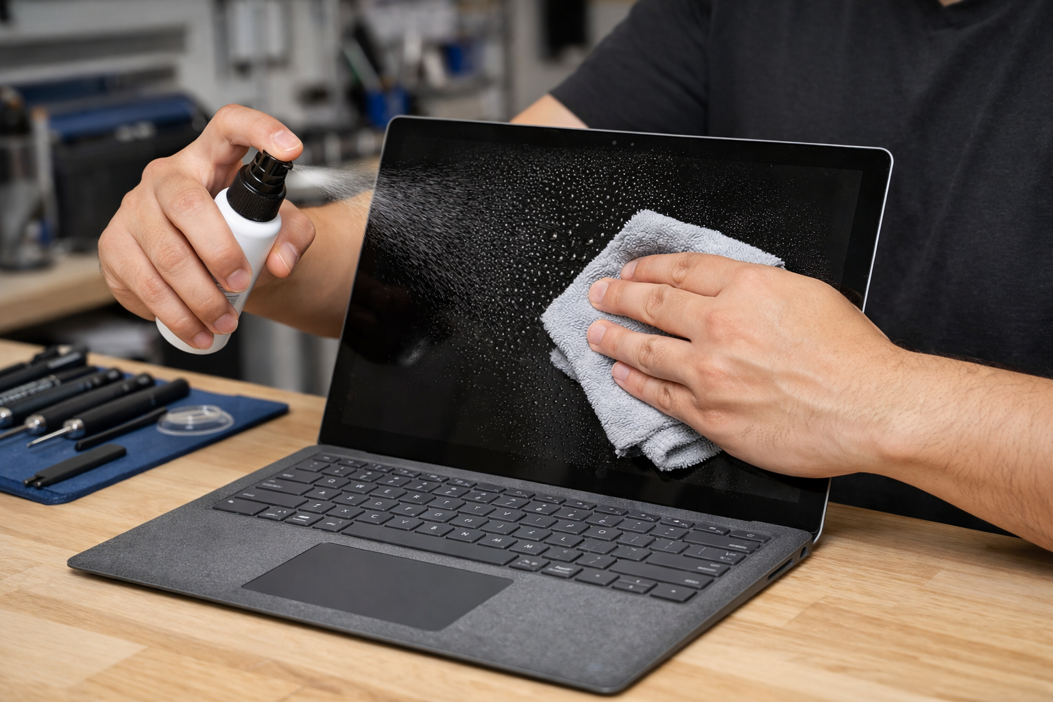 Hướng dẫn vệ sinh màn hình Surface Laptop 1 sau khi thay bằng khăn mềm và dung dịch chuyên dụng