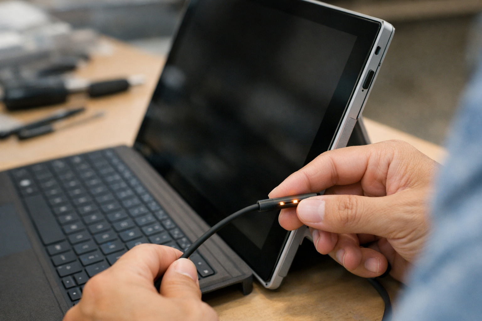 Người dùng đang kiểm tra đèn báo trên dây sạc của Surface Pro 3