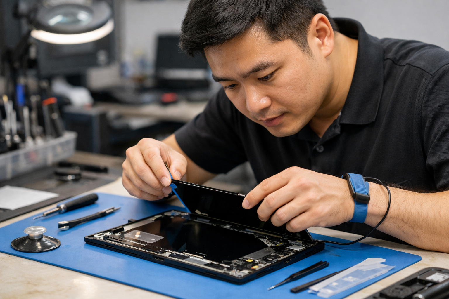 Kỹ thuật viên chuyên nghiệp đang tỉ mỉ tháo lắp và thay thế màn hình cho Surface Pro 9