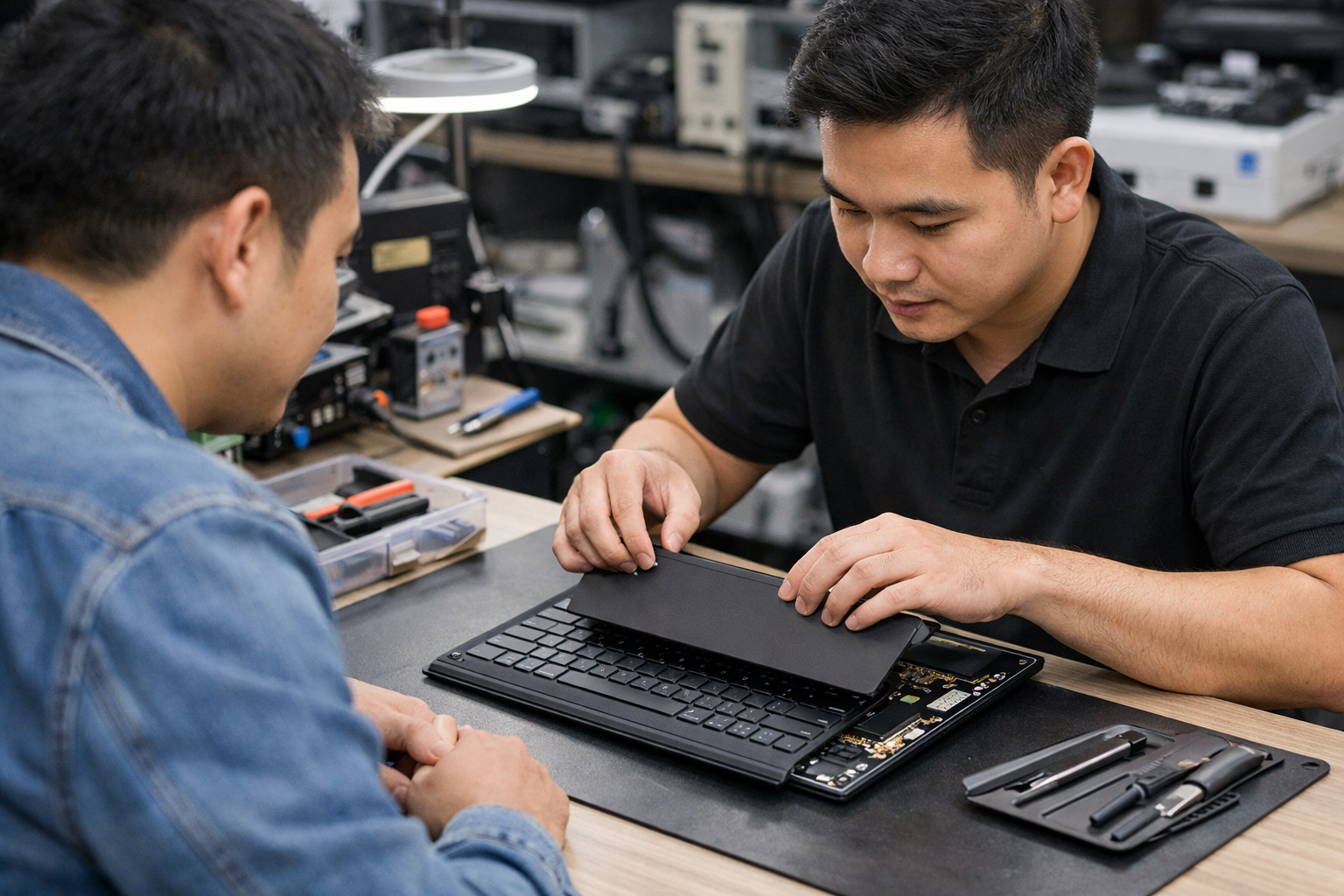 Kỹ thuật viên tại Surface Plus đang thay thế bàn phím Surface Pro 4 mới cho khách hàng