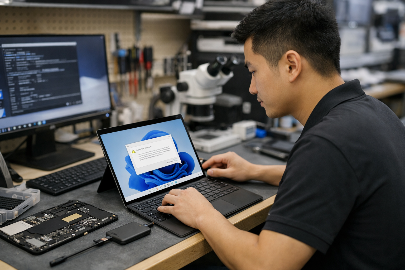 Kỹ thuật viên tại Surface Plus đang kiểm tra và cài đặt phần mềm cho máy Surface Pro X