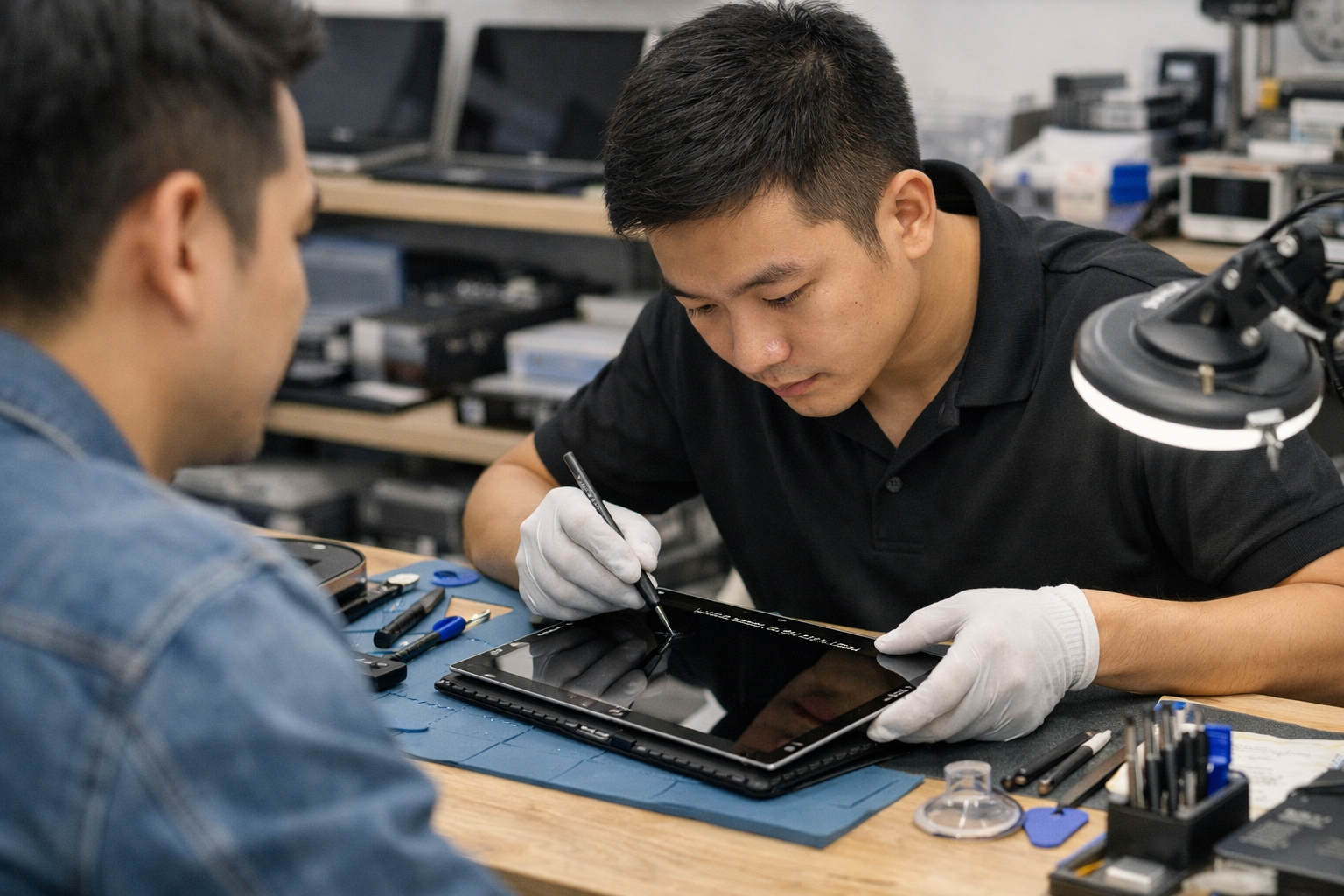 Kỹ thuật viên tại Surface Plus đang thực hiện thay màn hình Surface Pro 3 cho khách hàng một cách tỉ mỉ