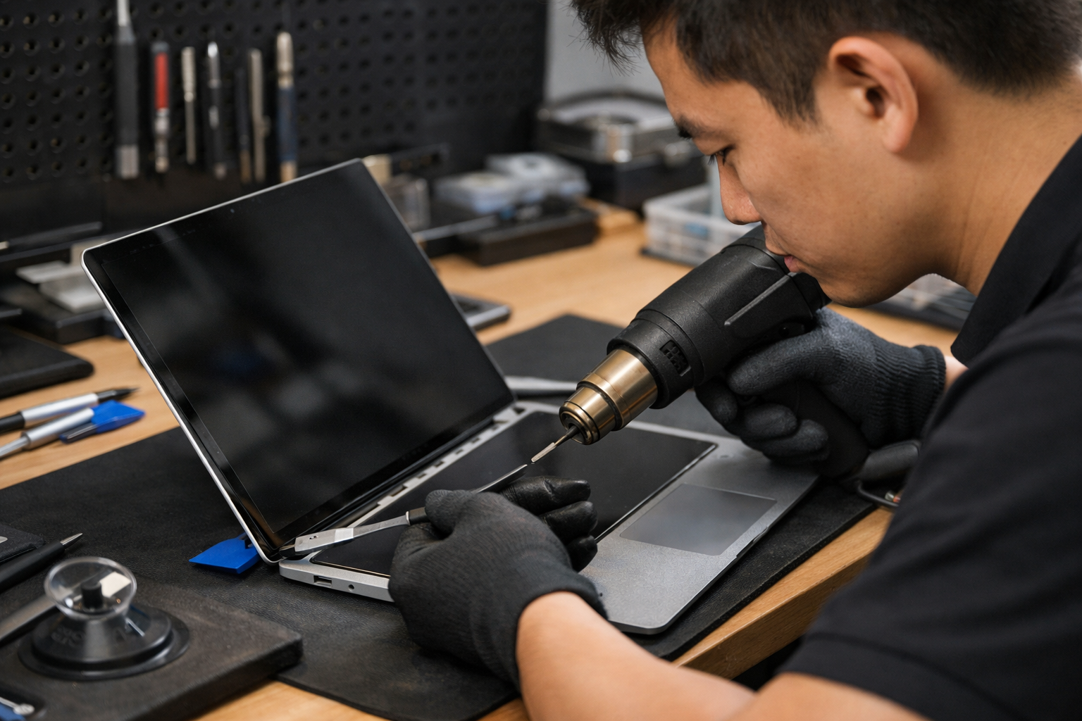 Kỹ thuật viên chuyên nghiệp đang sử dụng công cụ chuyên dụng để bóc tách màn hình Surface Laptop 1