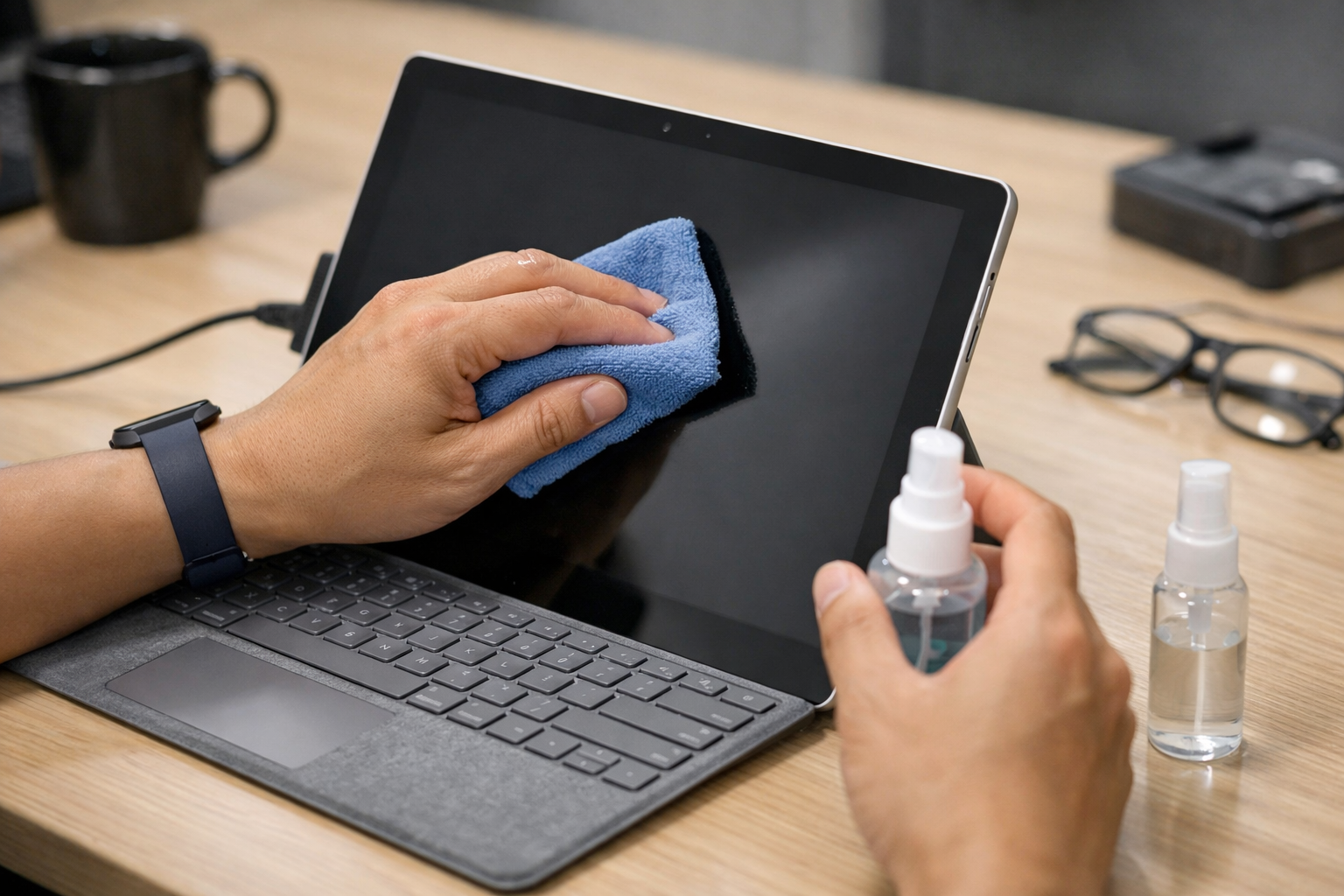 Sử dụng khăn mềm và dung dịch chuyên dụng vệ sinh màn hình để khắc phục lỗi cảm ứng surface