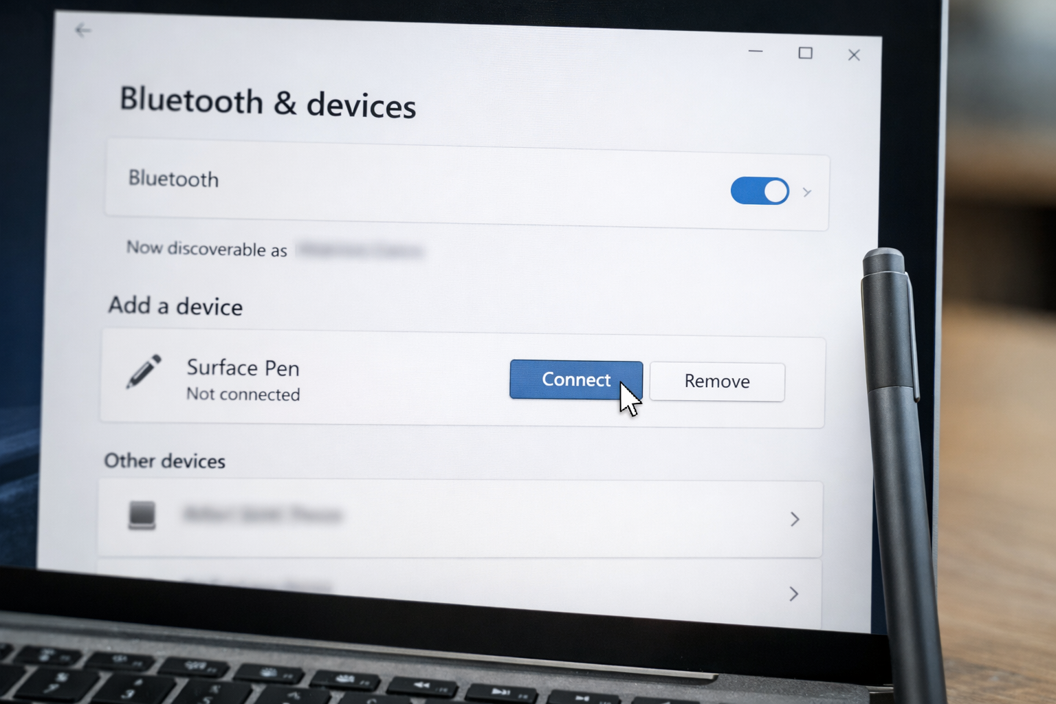 Giao diện cài đặt Bluetooth trên Windows để kết nối lại bút Surface