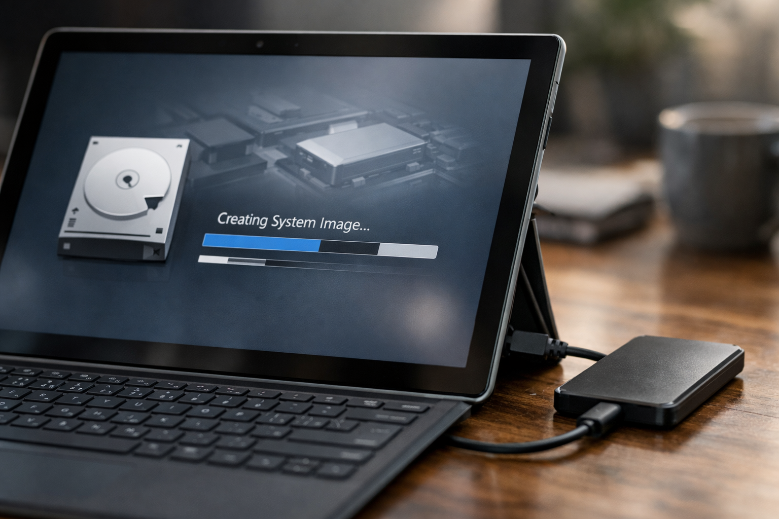 A close-up shot of a Surface Pro screen displaying system imaging software with a progress bar and external SSD connected