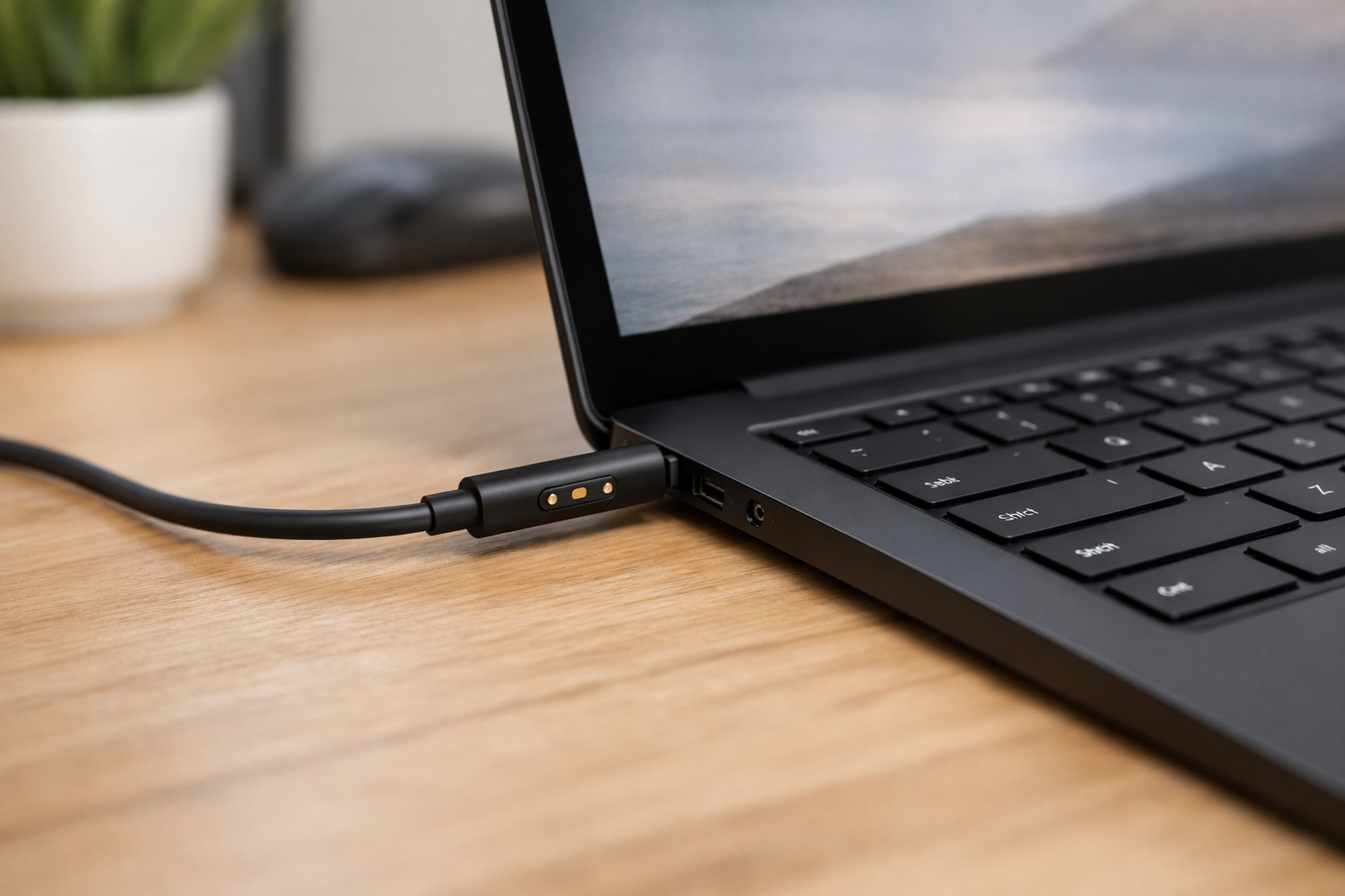 Cổng sạc từ tính Surface Connect đang được kết nối với Surface Laptop 4