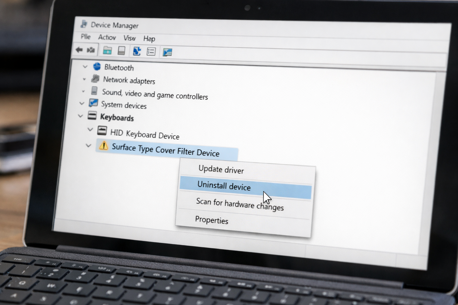 Giao diện Device Manager khi kiểm tra driver bàn phím Surface Pro 4 trên Windows
