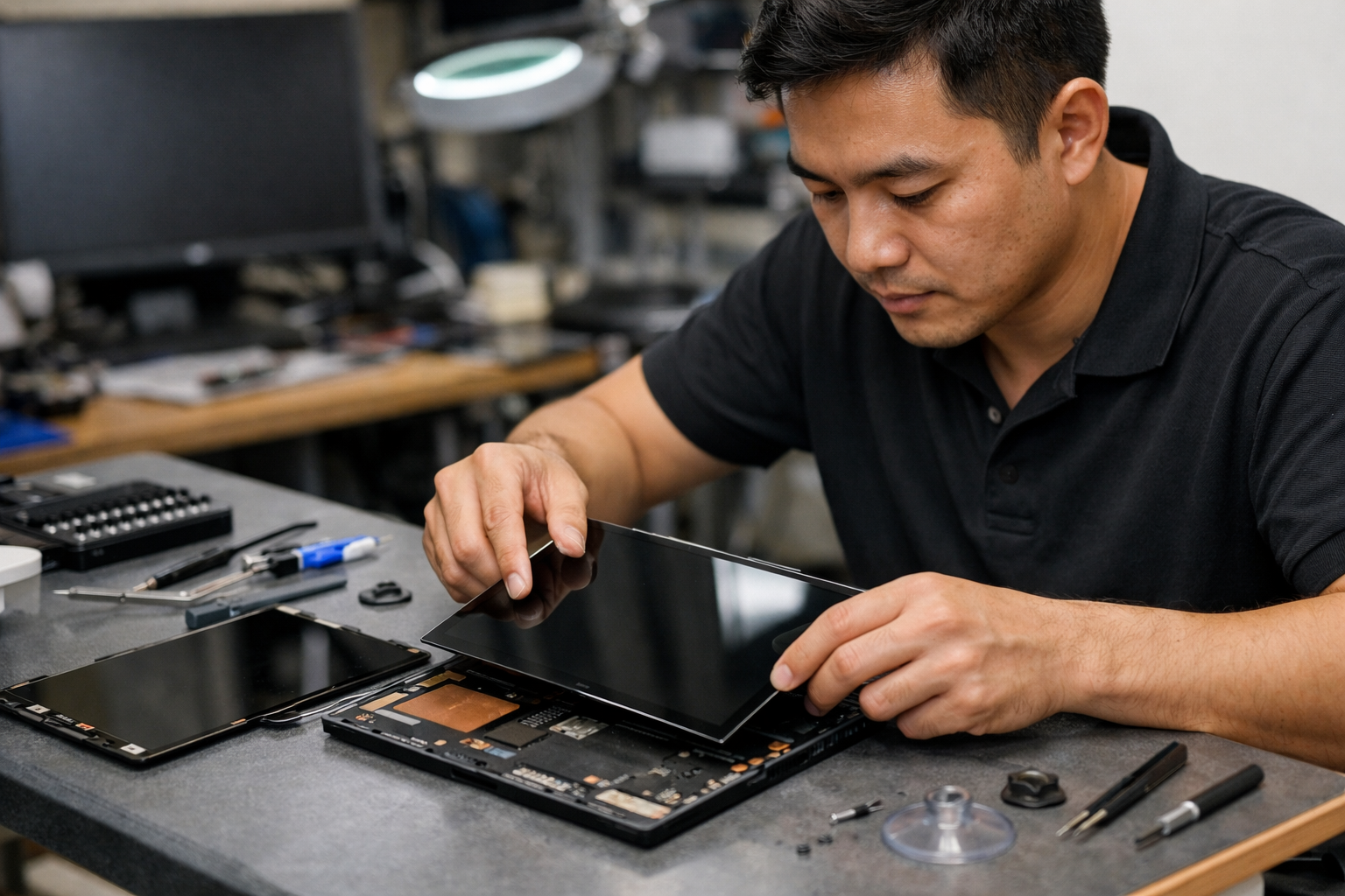 Cách sửa Surface Pro 4 bị rung nhòe màn hình triệt để nhất 8 Kỹ thuật viên đang thay màn hình mới cho Surface Pro 4