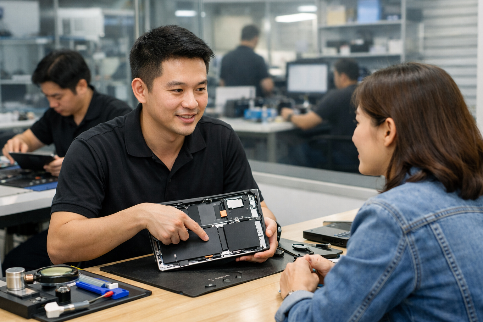 Đội ngũ kỹ thuật viên tại Surface Plus đang tư vấn sửa chữa cho khách hàng