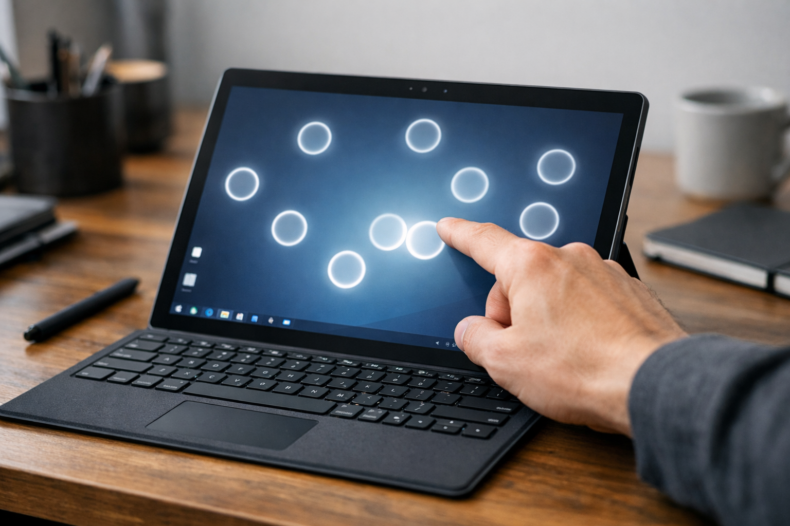 A user pointing at a Surface Pro screen showing multiple white circles indicating phantom touches on the desktop