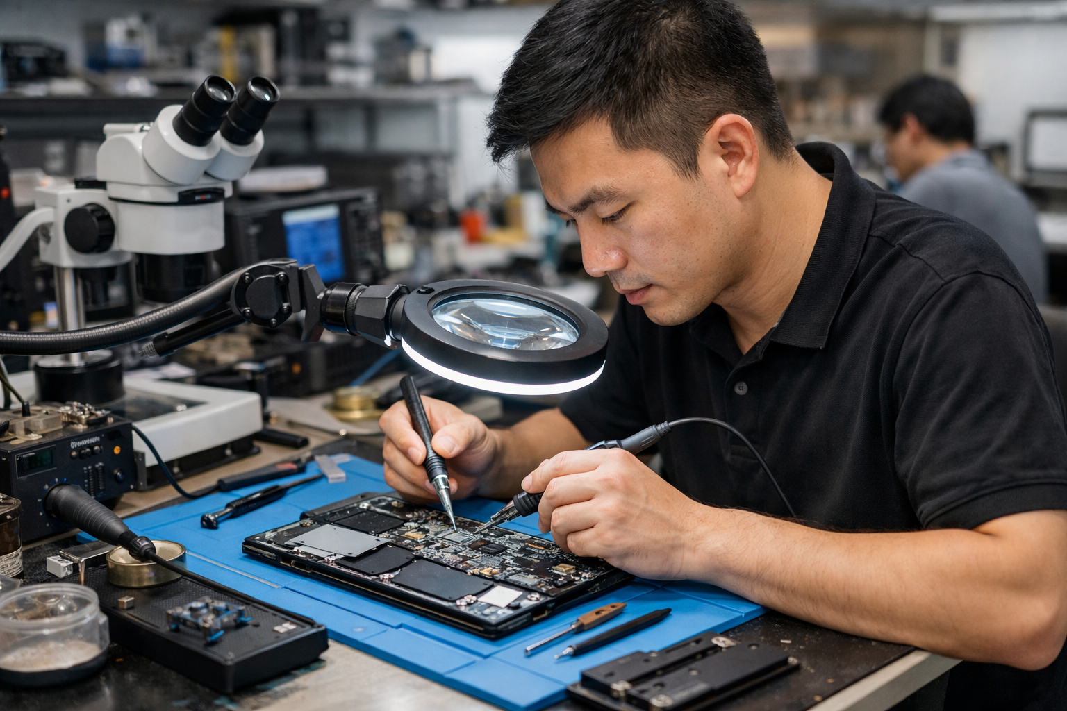 Kỹ thuật viên tại Surface Plus đang tiến hành kiểm tra phần cứng Surface Pro 9