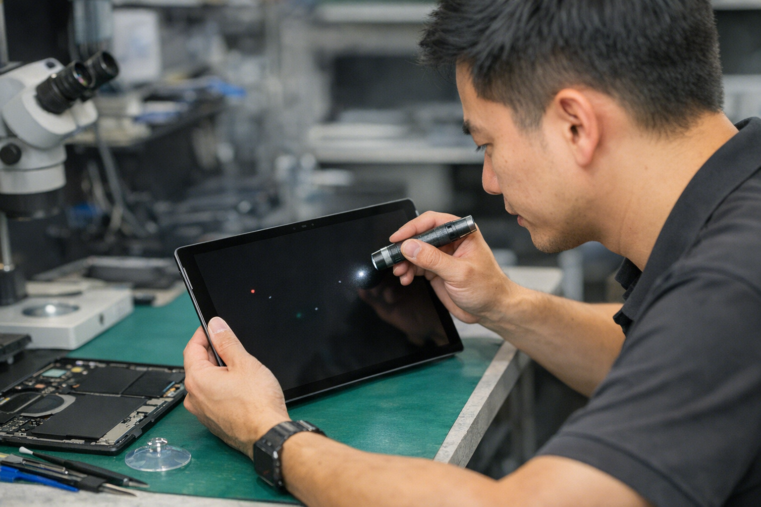 Sửa Surface Pro 6 Hỏng Màn Hình: Nguyên Nhân Và Cách Xử Lý 7 Kỹ thuật viên tại Surface Plus đang kiểm tra các điểm chết trên màn hình Surface Pro 6