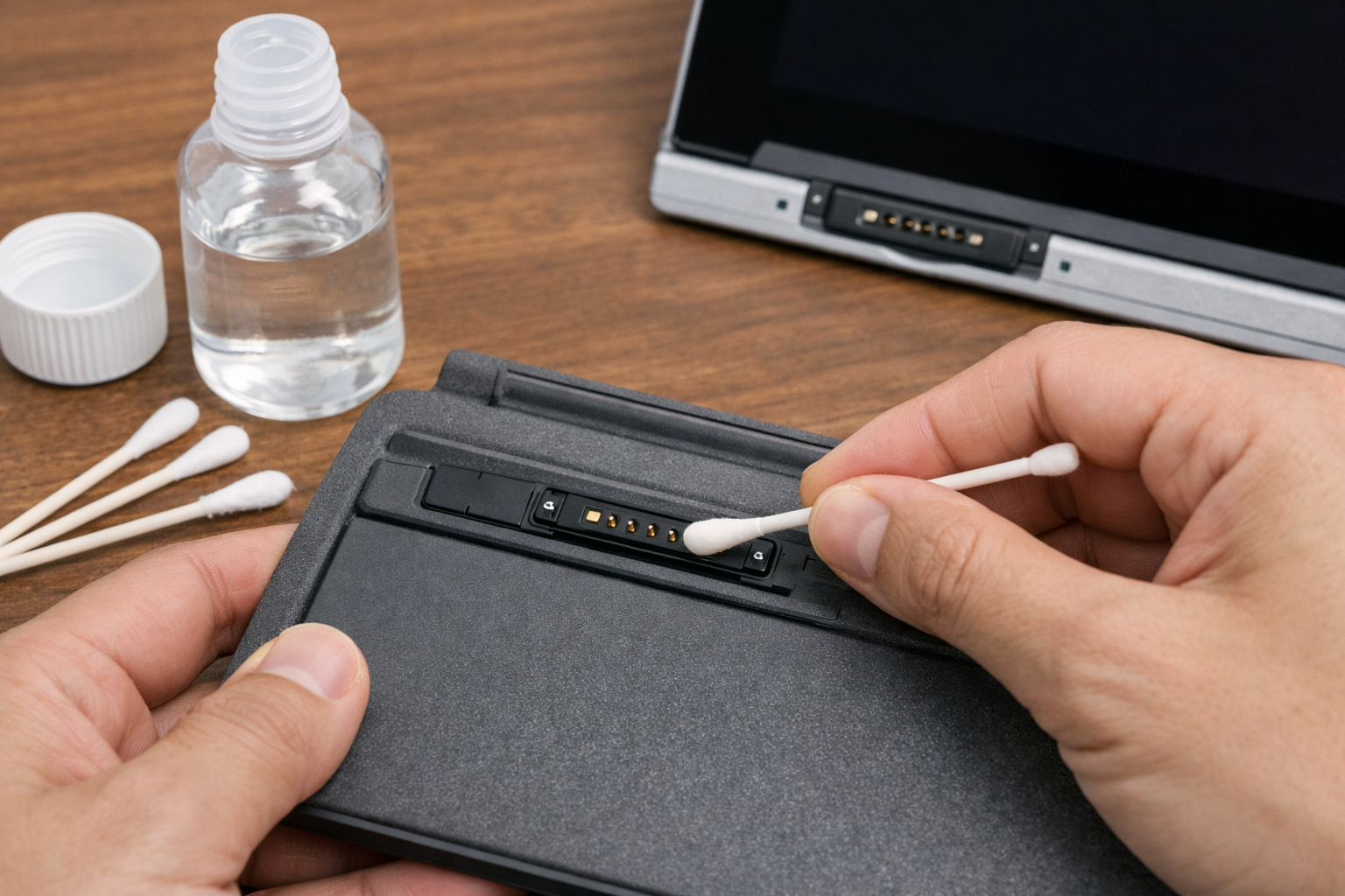 Cách sửa Surface Pro 6 không nhận phím dứt điểm tại nhà 8 Cách vệ sinh cổng kết nối từ tính của bàn phím Surface Pro 6 bằng tăm bông