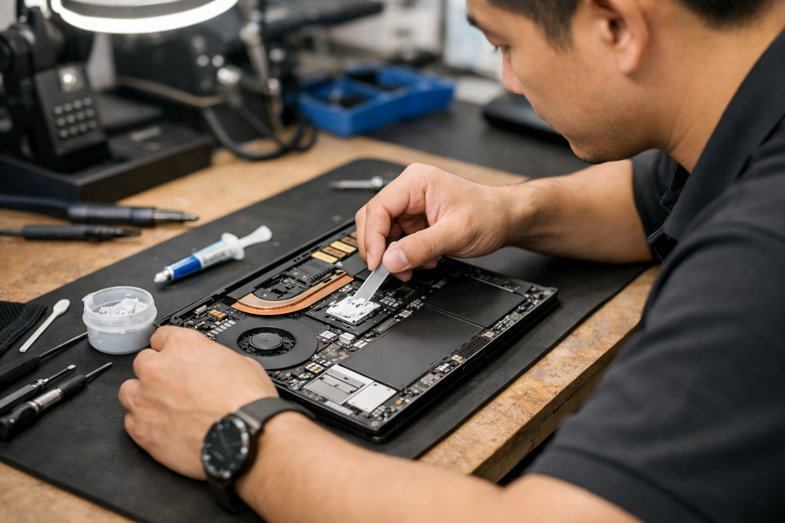 Kỹ thuật viên đang vệ sinh và thay keo tản nhiệt cho Surface Pro