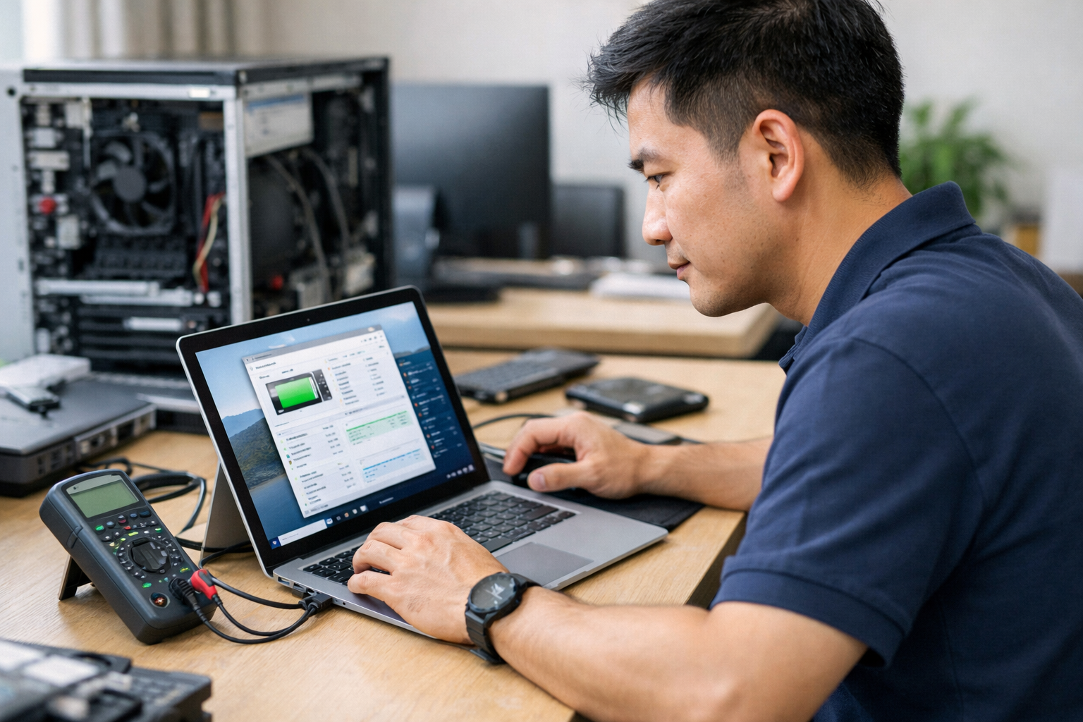 Kỹ thuật viên đang kiểm tra thông số pin và độ ổn định hệ điều hành trên máy Surface