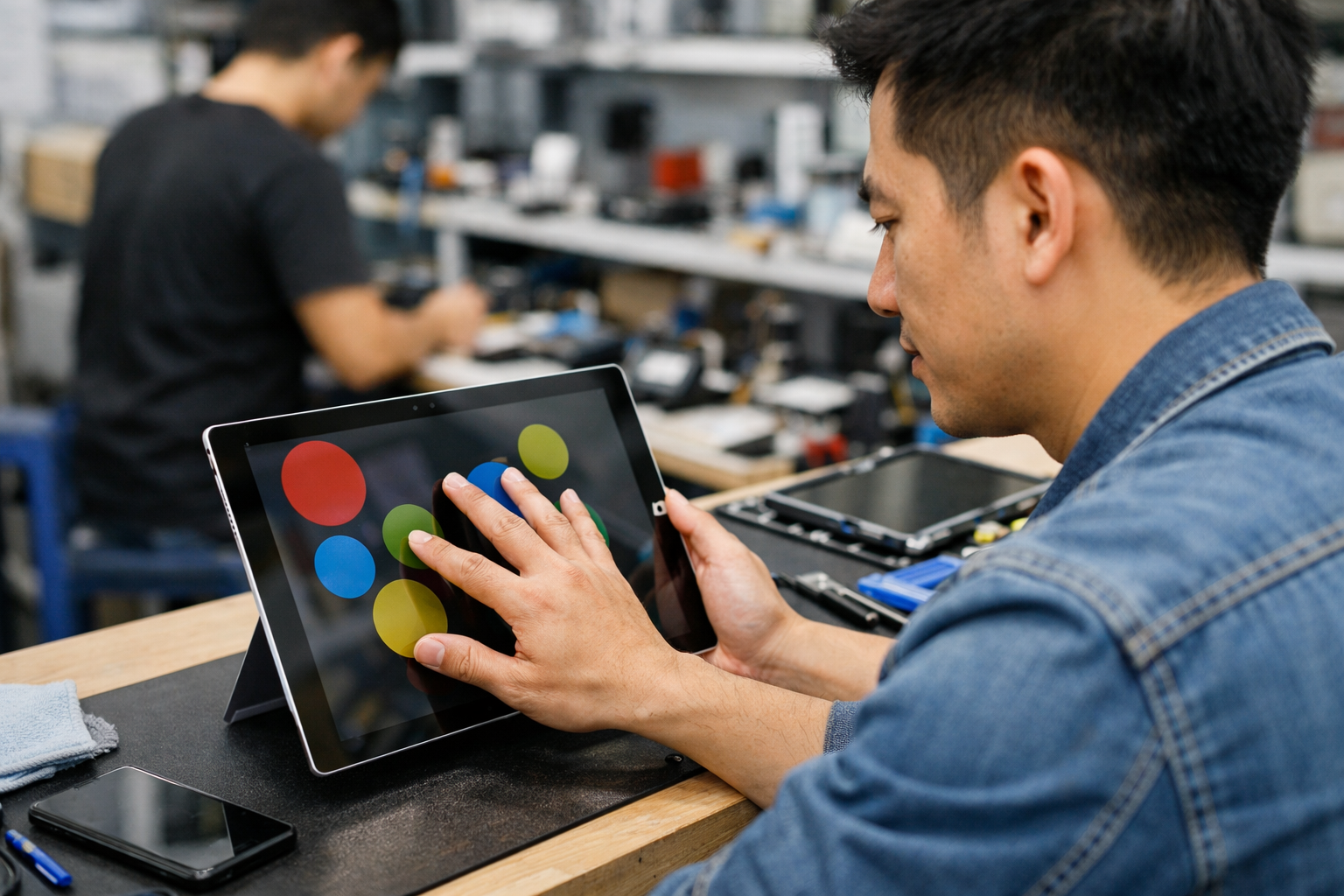 Khách hàng đang kiểm tra cảm ứng đa điểm sau khi hoàn tất thay màn hình Surface Pro 3