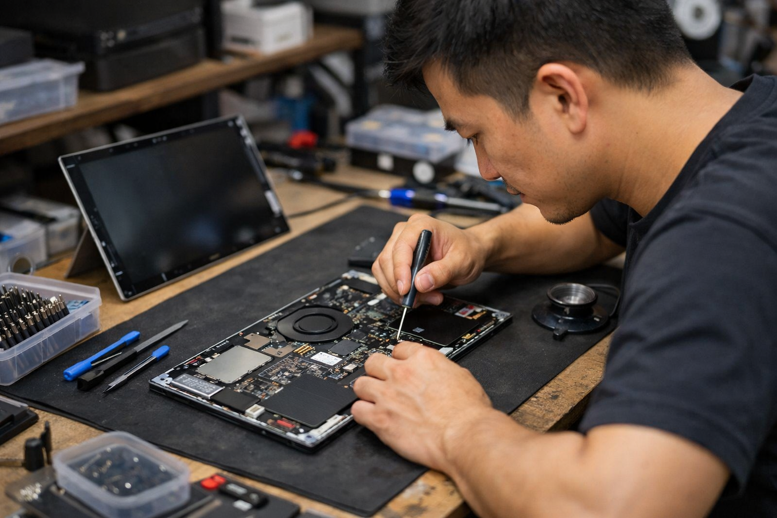 Quá trình sửa chữa linh kiện bên trong máy Surface Pro 7 tại cửa hàng