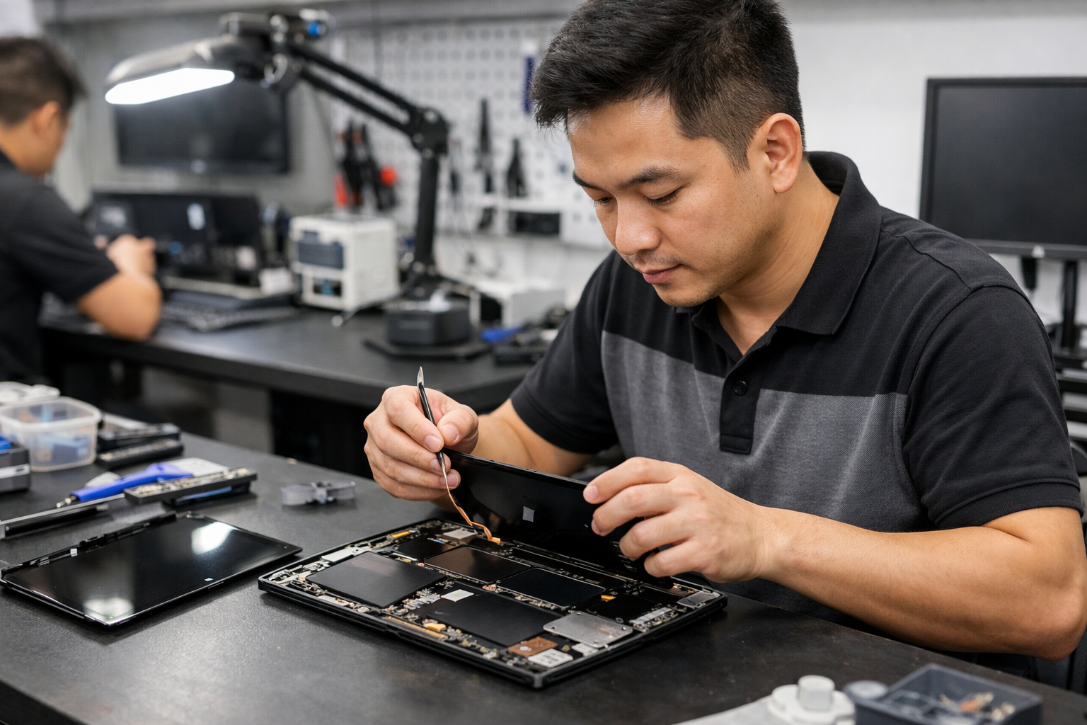 Kỹ thuật viên tại Surface Plus đang kiểm tra phần cứng và thay màn hình cho máy Surface Pro bị lỗi