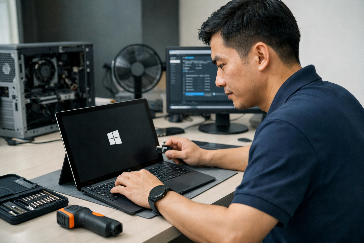 Kỹ thuật viên chuyên nghiệp đang kiểm tra tình trạng máy Surface sau khi cập nhật hệ thống