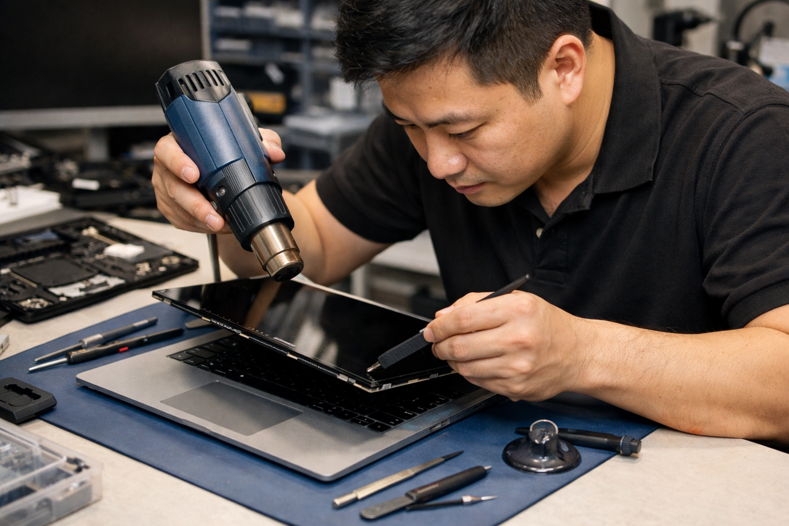 Kỹ thuật viên chuyên nghiệp đang tháo màn hình Surface Laptop 2 bằng dụng cụ chuyên dụng