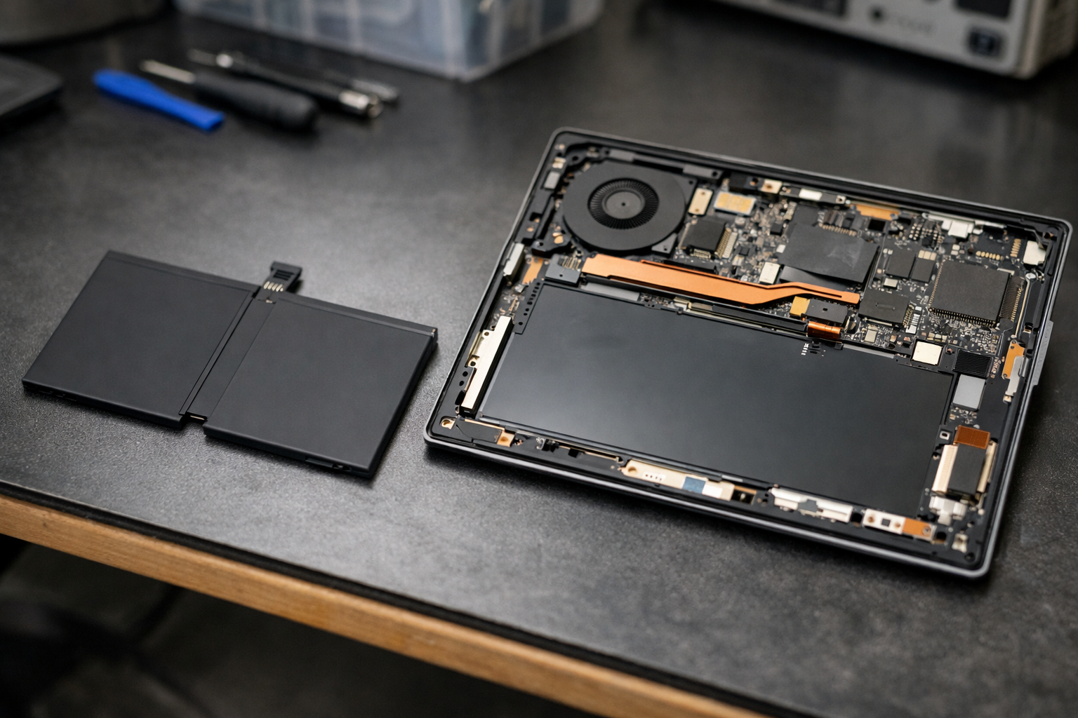 A new replacement battery for the Surface Pro 4 sitting next to the opened device