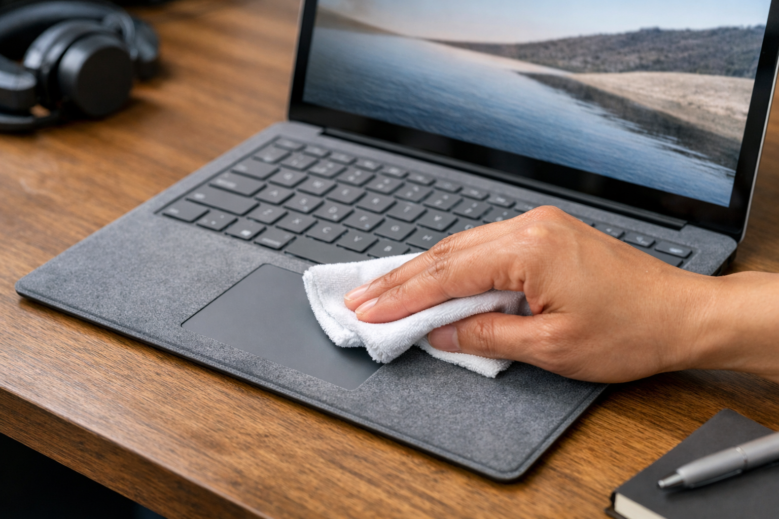 Dùng khăn mềm lau sạch bụi bẩn trên bàn phím vải Alcantara của Surface Laptop 4