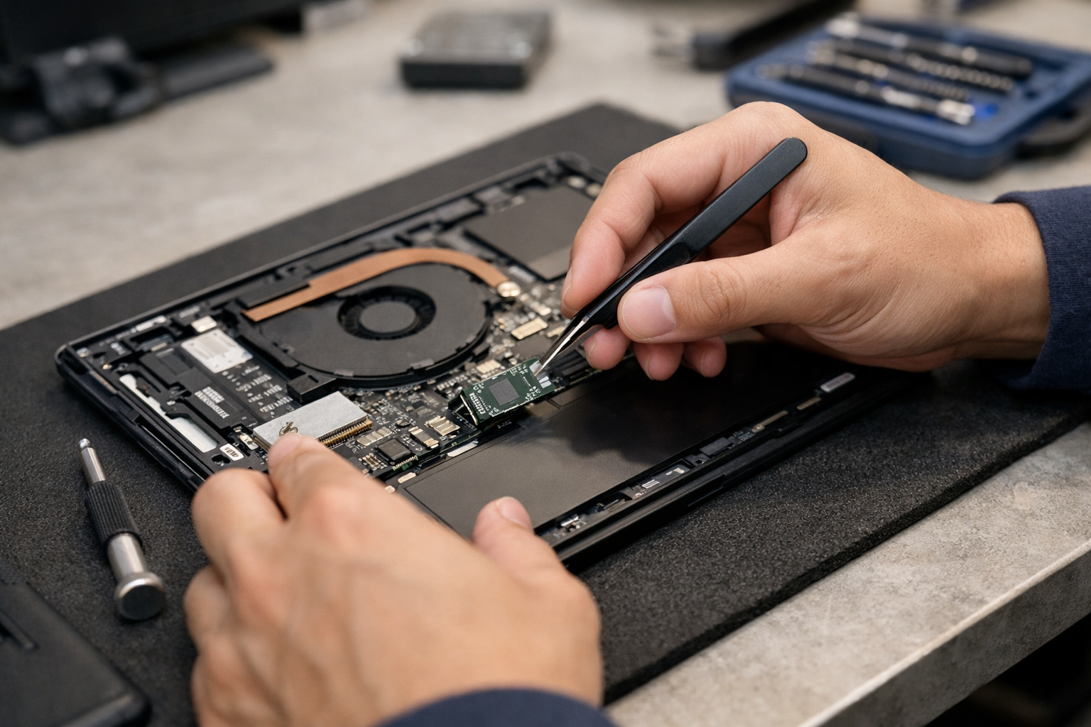 Kỹ thuật viên đang tháo ổ cứng SSD 2230 trên Surface Pro 7 Plus