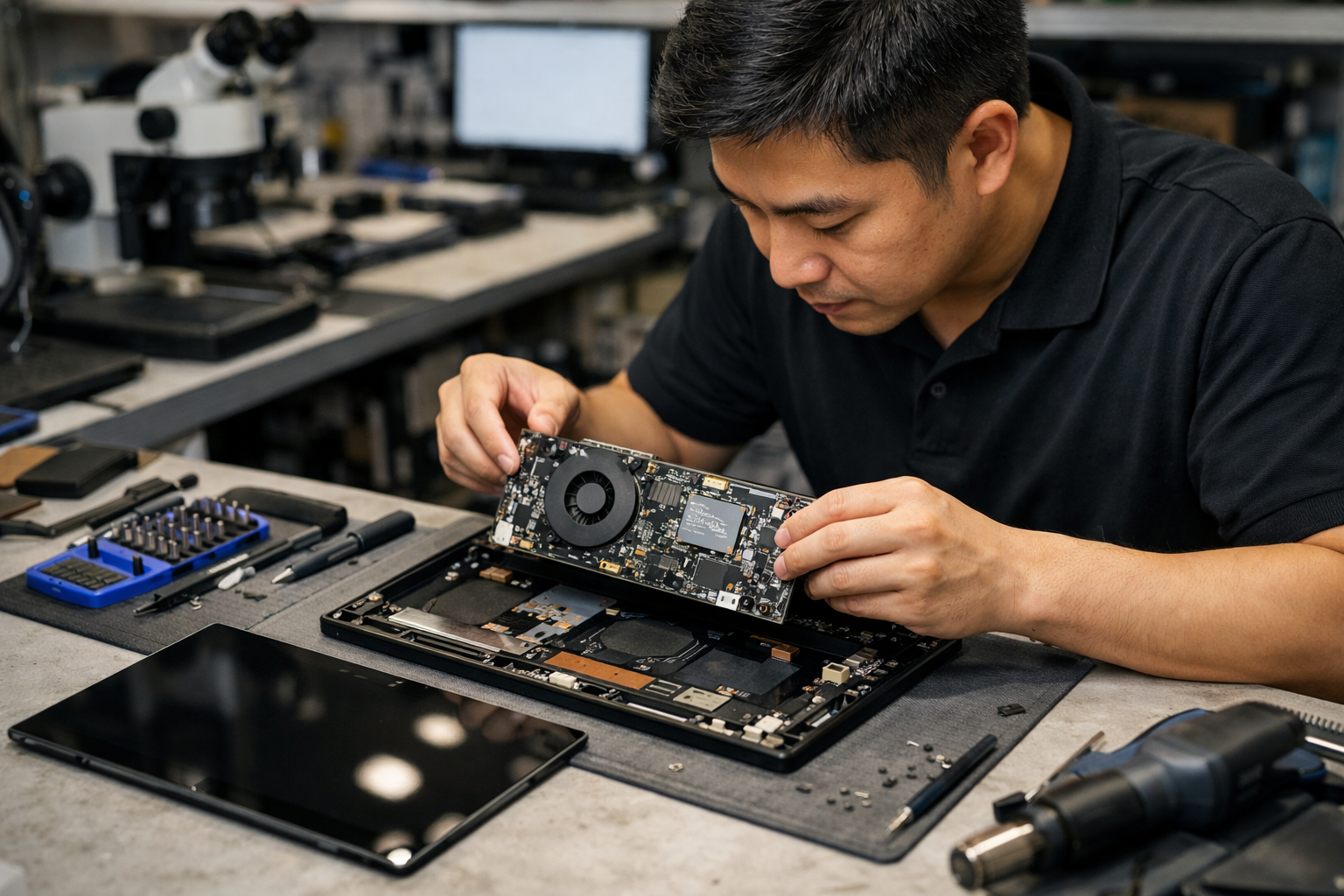 Kỹ thuật viên tại Surface Plus đang tháo máy kiểm tra lỗi phần cứng