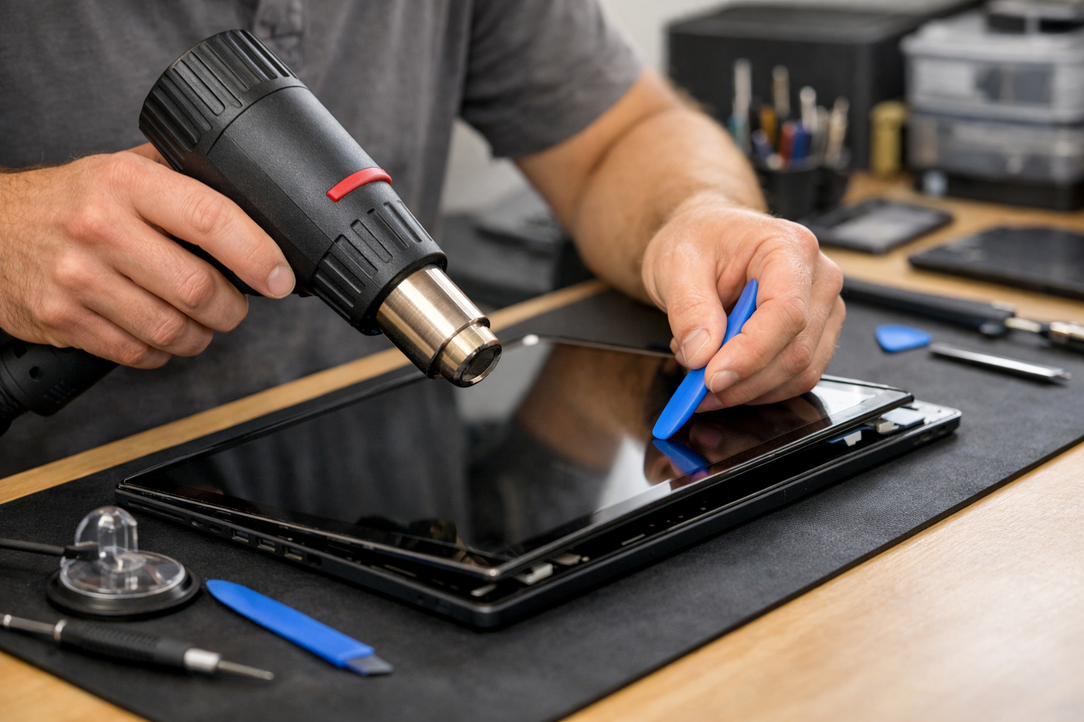A technician carefully using a heat gun and opening tools to remove the fragile Surface Pro 4 screen