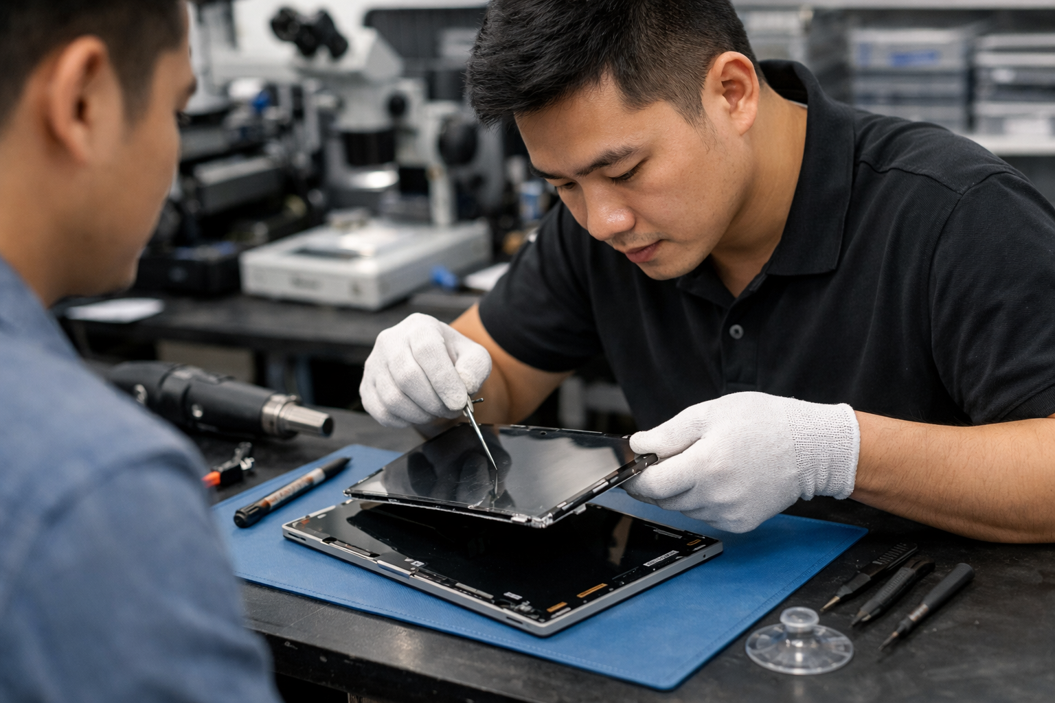 Kỹ thuật viên tại Surface Plus đang tỉ mỉ thay màn hình cho khách hàng