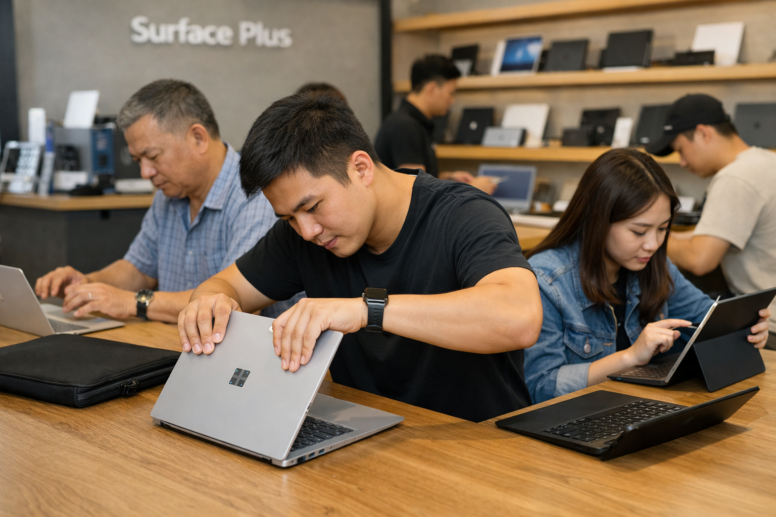 Khách hàng đang trải nghiệm và kiểm tra độ bền các dòng máy Surface cũ tại cửa hàng Surface Plus