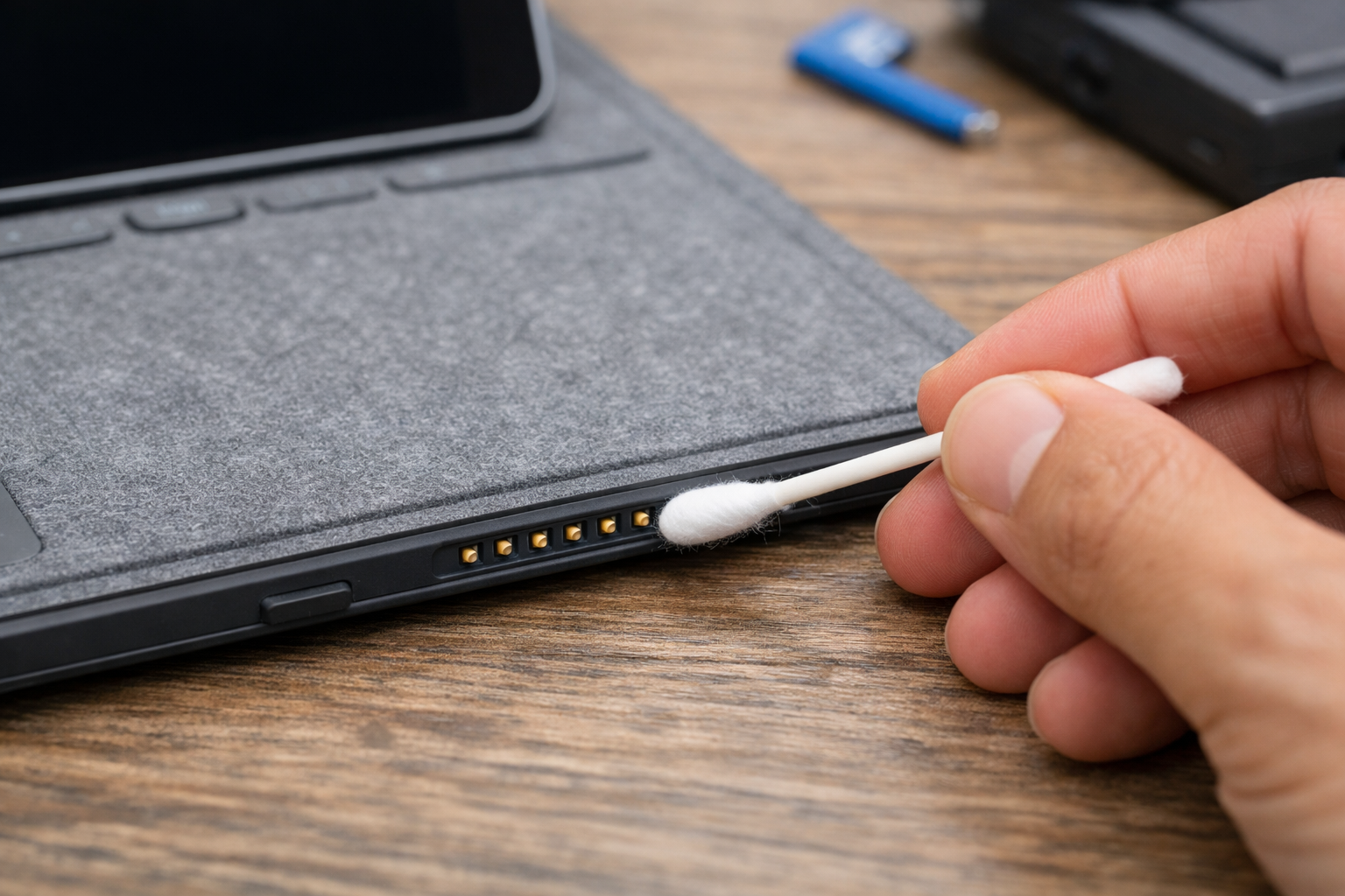 Vệ sinh các chân tiếp xúc bằng đồng trên bàn phím Surface bằng tăm bông