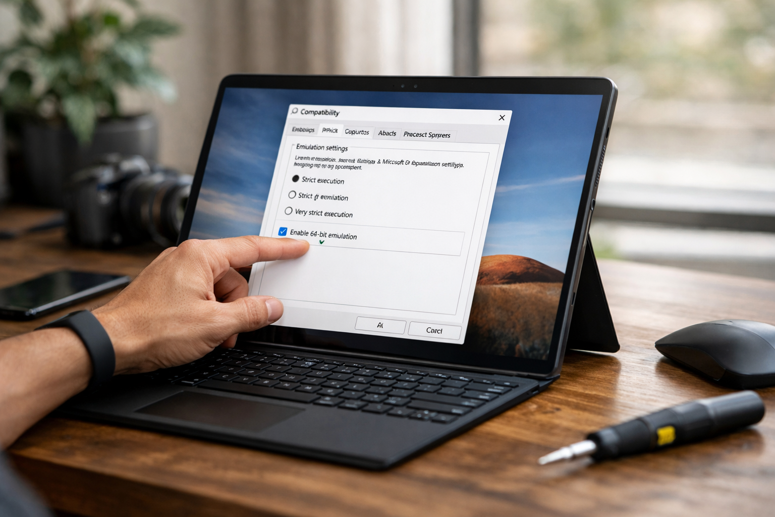 Cài đặt thuộc tính Compatibility để giả lập ứng dụng 64-bit trên chip Microsoft SQ1