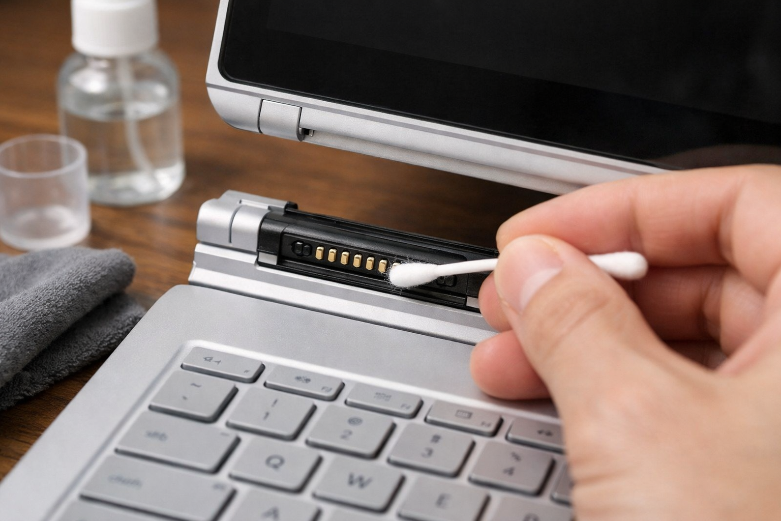 Vệ sinh chân tiếp xúc giữa màn hình và bàn phím Surface Book bằng tăm bông
