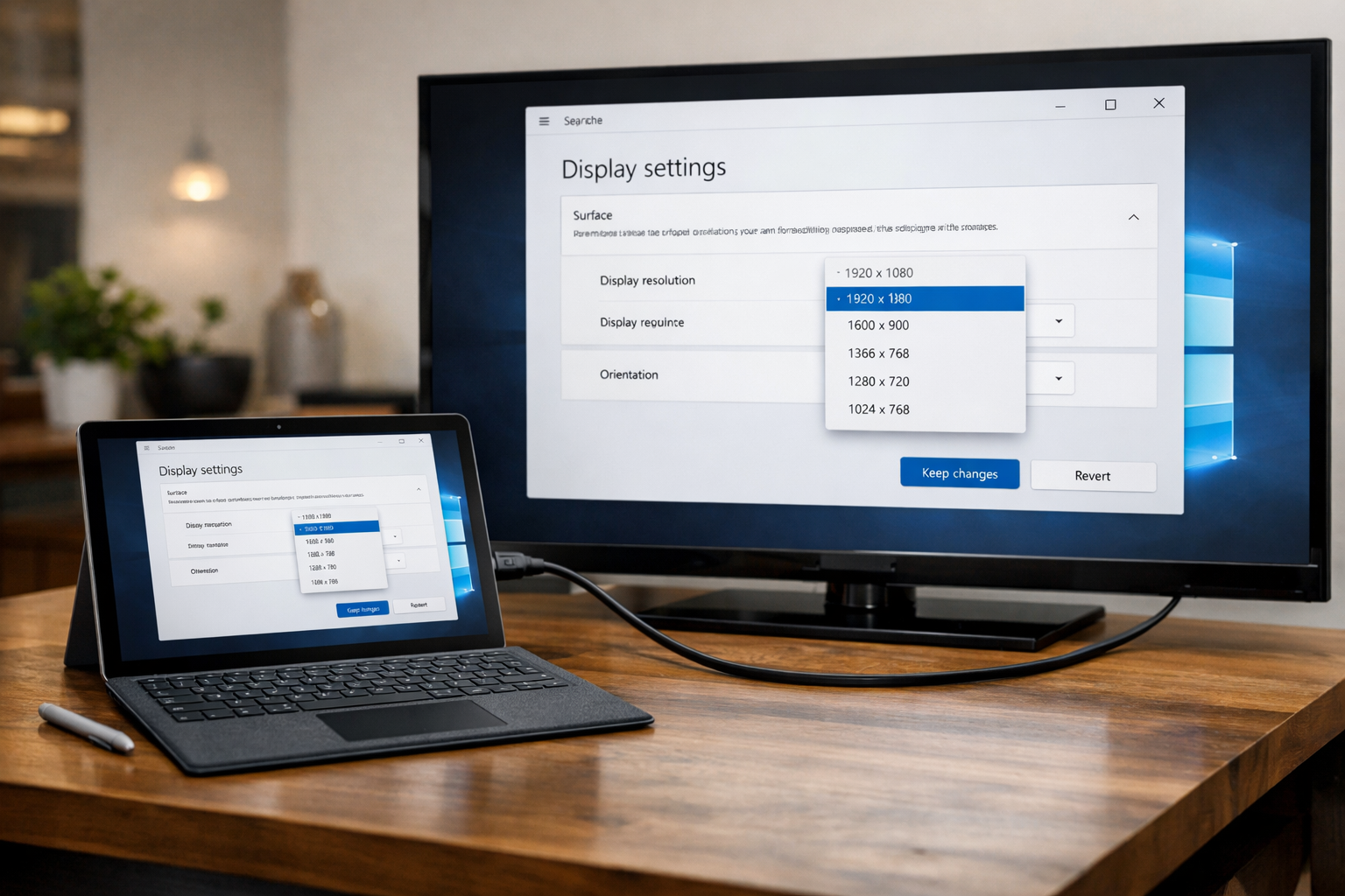Giao diện cài đặt Display Settings trên Windows để tùy chỉnh độ phân giải khi kết nối tivi